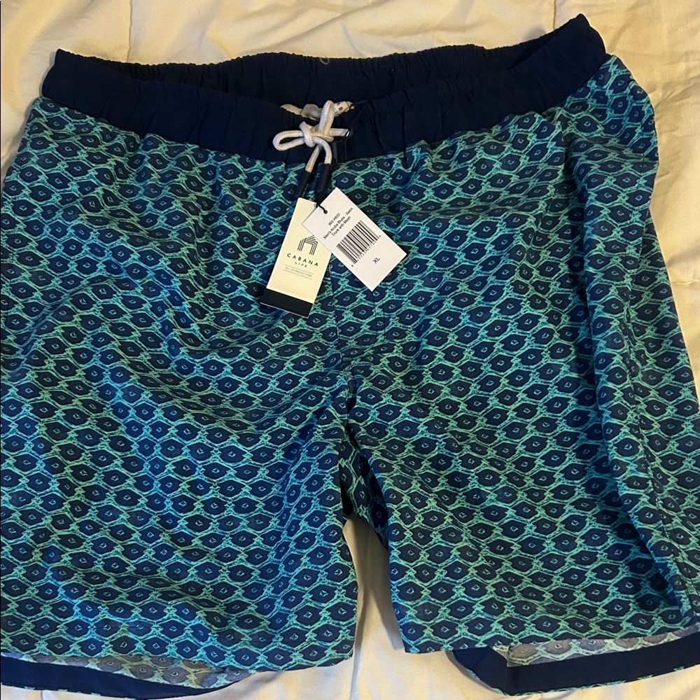 CABANA LIFE-  Teal and Navy Patterned Swim Trunks- NEW- Size XL